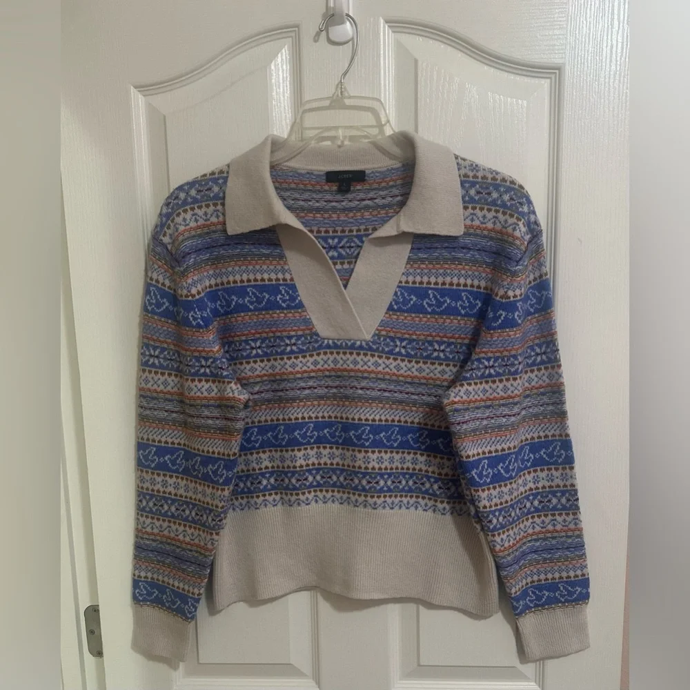 Women’s J.Crew Fair Isle Lambswool Blend Print Beige Collared Preppy Sweater‎ L.